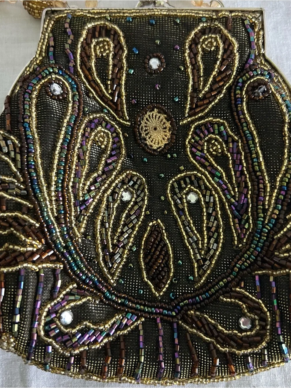 Art Deco Style Beaded Evening Bag Flapper Paisley Brown Gold Purse